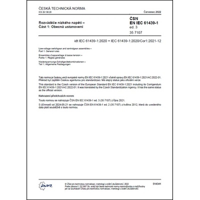 ČSN EN IEC 61439-1 ed. 3 - Rozváděče nn Část 1: Obecná ustanovení