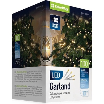 COLORWAY LED řetěz/ vnitřní 100 LED délka 10m teplá bílá/ 8 funkcí/ napájení USB