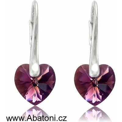 Swarovski Elements Heart krystal stříbrné náušnice visací fialové srdce srdíčka 31125.9 Amethyst fialová bordó vínová