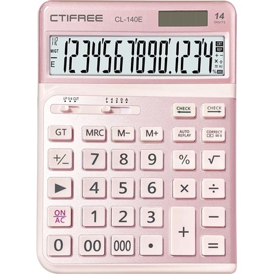 CTIFREE CL-140E PINK розов ергономичен калкулатор, 145x198mm, 14 цифри, двойно захранване, 2 години гаранция (CL-140E PINK)