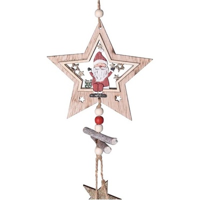 Závěs dřevo 350mm Santa uvnitř hvězdy, přírodní s glitrem+mix barev