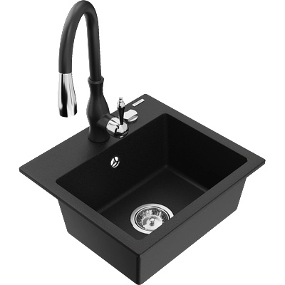 Mexen Milo гранитна мивка с 1 отделение и кухненски смесител Savita, черен - 6505-77-672601-70 (6505-77-672601-70)