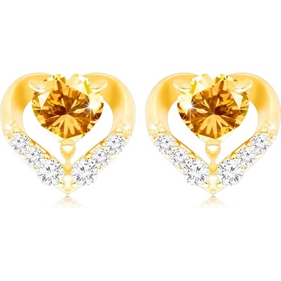 Šperky Eshop Puzetové náušnice ze žlutého 14K zlata srdce s citrínem a zirkony GG89.23
