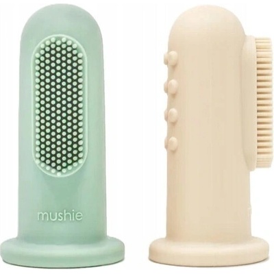 Mushie silikonový zubní kartáček na prst sand / cambridge blue 2 ks