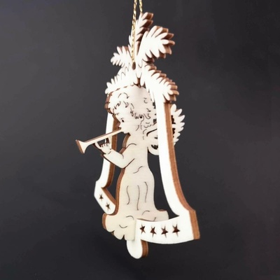 AMADEA Dřevěná ozdoba 3D zvonek anděl s trubkou 9 cm