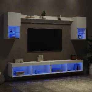 vidaXL ТВ стенни модули с LED, 6 части, бели, инженерно дърво (3216686)