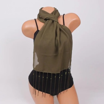 Image 1 of Маслено зелен шал с дълги ресни и малки перлички