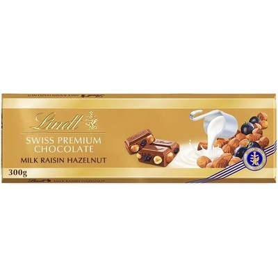 Lindt mliečna čokoláda s rozinkami a celými jadierkami lieskových orieškov 300 g