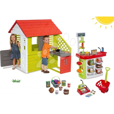 Smoby set domeček Pretty Nature s letní kuchyňkou a obchod Supershop s potravinami a košíkem 810702-41