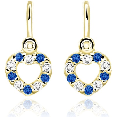 Duppi detské náušnice srdiečka DU 70508 zo žltého zlata s kamienkami tmavo modrými a bielymi zapínanie brizúra