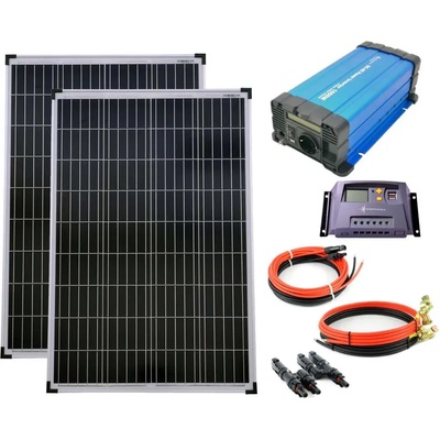 Solartronic Комплект соларна система 2x100W поликристални панели, Контролер 20A, Инверотр FS1000D 1000W чиста синусоида, кабели и букси (SET-200P-20A-KA-ST-1000R)