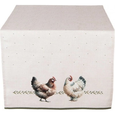 Clayre & Eef Béžový bavlněný běhoun se slepičkami Barnyard Chicken 50x140 cm
