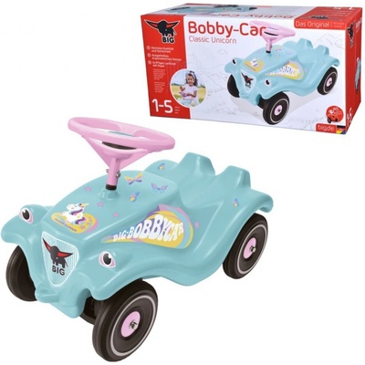 BIG auto Bobby Car Classic Unicorn ekologické tyrkysové s klaksónom a trendy nálepkami