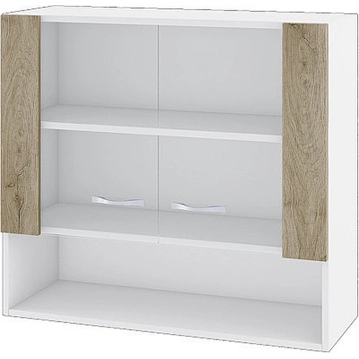 ИРИМ Горен шкаф с две витринни врати и ниша Сити БДДА-10 бяло гладко / дъб сонома арвен 80 см