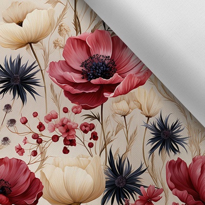 Takoy Látka s potiskem nepromokavý polyester TD/NS MAXI vzor máky 3D béžové