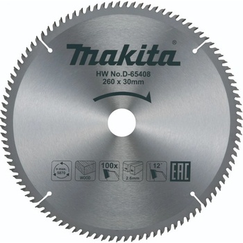 MAKITA Kotúč pílový D 260 x 30 mm na drevo (100 HM zubov) 2.6 mm rez - D-65408