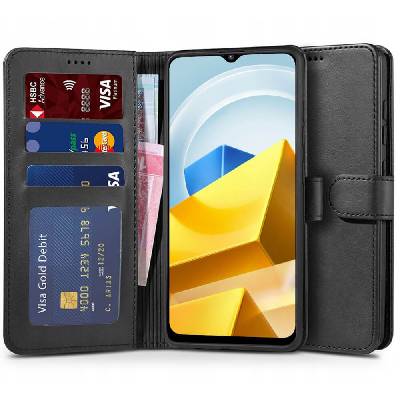 Кожен калъф, тип портфейл за Xiaomi Poco M5 - Tech-Protect Wallet Leather Flip Case (черен) (THP1427)