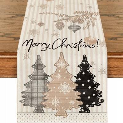 Ecarla Ľanový behúň s vianočným motívom MARRY CHRISTMAS stromčeky 180x33 cm