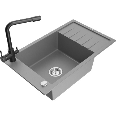 Mexen Elias гранитна мивка с 1 отделение с отцедник и кухненски смесител Duero, сив - 6511-71-671600-70 (6511-71-671600-70)