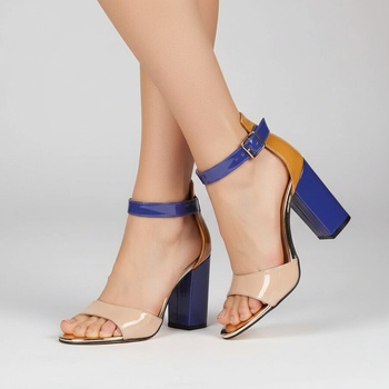 Сандали в тъмносиньо, бежово и цвят горчица с широк ток