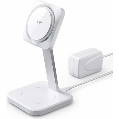 esr HaloLock 2-in-1 CryoBoost Magnetic MagSafe Wireless Charger - двойна поставка (пад) за безжично зареждане за iPhone с Magsafe, AirPods Pro и Qi съвместими устройства (бял)