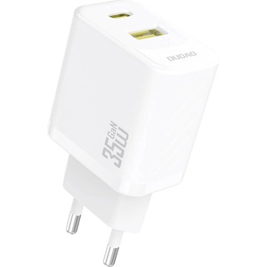 Dudao Захранване за ел. мрежа с USB-A и USB-C изходи и технология за бързо зареждане - Dudao A27 Max GaN Fast Wall Charger 35W (бял) (A27MAX_White)