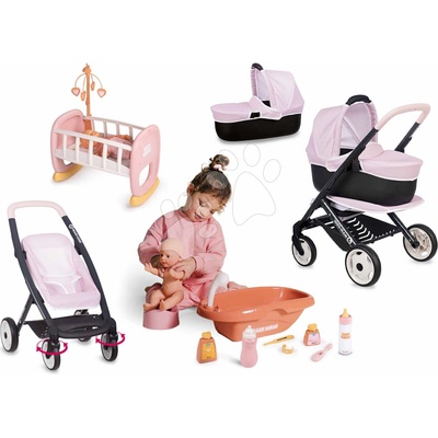 Smoby Set trojkombinácia s postieľkou Puschair Pink Maxi Cosi&Quinny a vanička s nočníkom a fľaškou