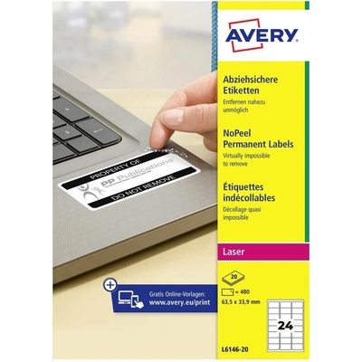 Avery-Zweckform L6146-20 63.5 x 33.9 mm prehľad produktov fólie biela 480 ks trvalé bezpečnostné štítky laser; L6146-20