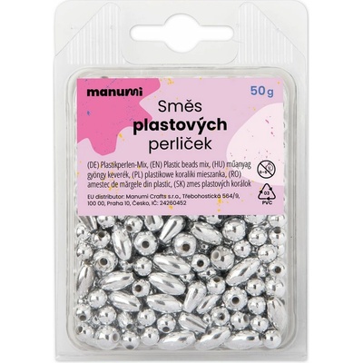 Manumi metalické plastové korálky v barvě stříbra - 100 g