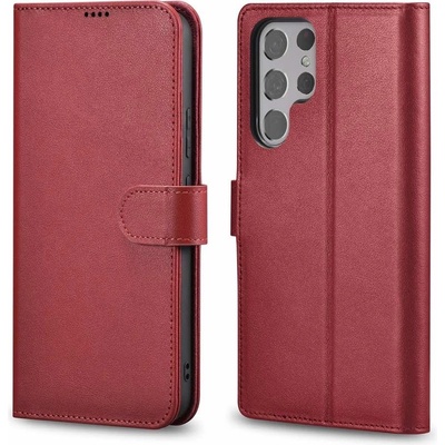 ICARER Haitang Leather Wallet Case - кожен (естествена кожа) калъф, тип портфейл за Samsung Galaxy S22 Ultra (червен)