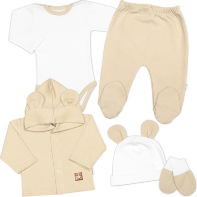 Baby Nellys Rebrovaná sada Star 5D, body, polodupačky, kabátik, čiapka rukavice béžová biela
