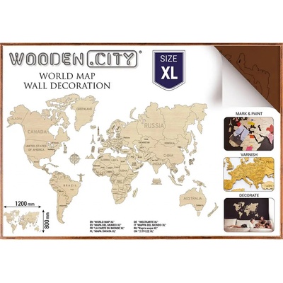 Mapa Sveta XL – korálová - WOODENCITY - World Maps World Wood Map XL DARK OAK 80x120cm svet drevená mapa 3D puzzle / anglicky