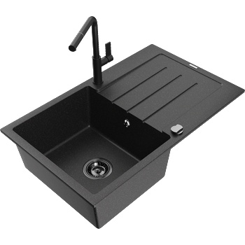 Mexen Bruno гранитна мивка с една камера и отцедник и кухненски смесител Flora, черен/сребърен металик - 6513-73-670401-70-B (6513-73-670401-70-B)