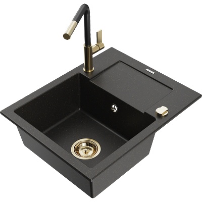 Mexen Enzo гранитна мивка с 1 отделение с отцедник и кухненски смесител Flora, черен/златист металик - 6506-75-670401-57-G (6506-75-670401-57-G)