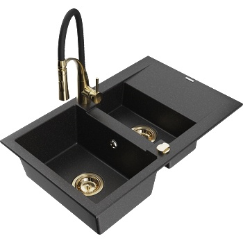 Mexen Gaspar гранитна мивка 1, 5-камерна с отцедник и кухненски смесител Aster, черно/сребърно - 6507-73-73450-57-G (6507-73-73450-57-G)