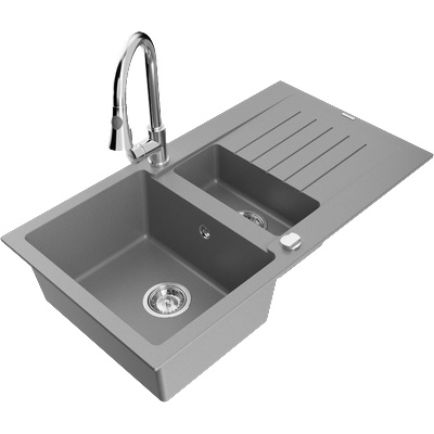 Mexen Matias гранитна мивка 1, 5-коморна с отцедник и кухненски смесител Elia, сив - 6502-71-670101-00 (6502-71-670101-00)