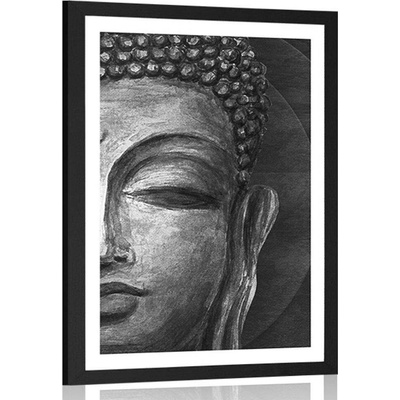 Plakát s paspartou tvář Buddhy v černobílém provedení - 20x30 silver
