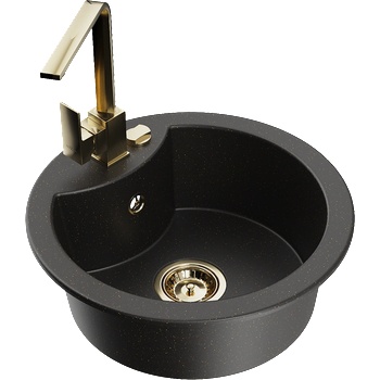 Mexen Diego гранитна кухненска мивка 1-камерна с кухненски смесител Rita, черен/златен металик - 6512-75-670300-50 (6512-75-670300-50)