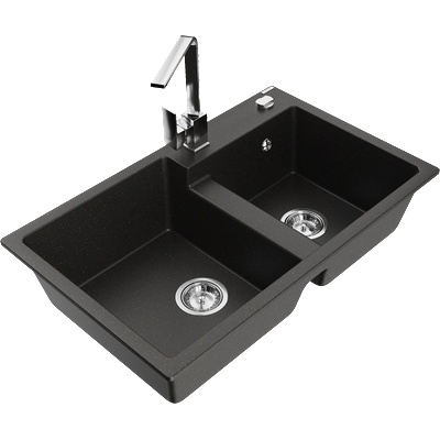 Mexen Tomas гранитна мивка с 2 камери и кухненски смесител Rita, черен/златист металик - 6516-75-670300-00 (6516-75-670300-00)