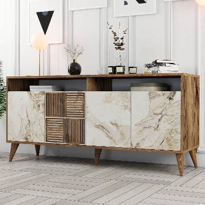 TopMebel Меламинов бюфет Milan в цвят орех - бял мраморен ефект 180x35x78, 6см