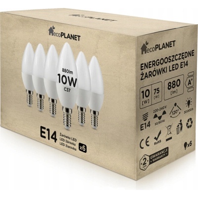 ecoPLANET 6x LED žiarovka E14 10W sviečka 880Lm teplá biela