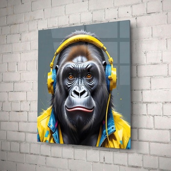 Art gift Стъклено АРТ пано - Горила с жълти слушалки