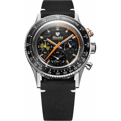 Nivada Grenchen Chronoking Meca Racing Carbon - Inter. Bezel - Black Leather White Stitching