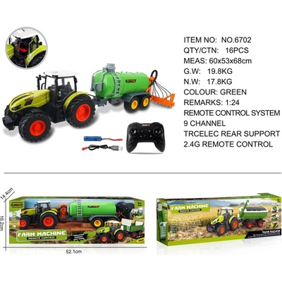 Ramiz RC traktor so zeleným cisternovým vozom a zhrňovačom sena RTR 1:24
