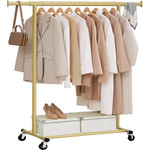 SONGMICS Clothes Rack on Wheels, Heavy Duty Coat Rack, Extendable Clothes Rail, Holds up to 100kg, Easy Assembly, Portable, Pale Gold HSR013A01 - PCT611W01 (PCT611W01)