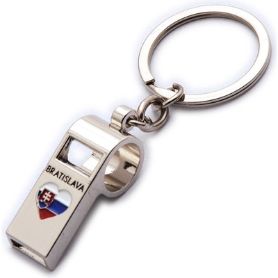 Prívesok na kľúče s píšťalkou vlajkou Slovenska a nápisom Bratislava strieborná