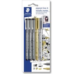 STAEDTLER Fineliner пигментна писалка черен + сребърен и златен (3+2) (308 SBK3P3)