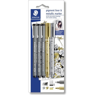 STAEDTLER Fineliner пигментна писалка черен + сребърен и златен (3+2) (308 SBK3P3)