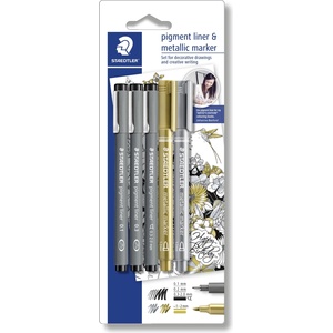 STAEDTLER Fineliner пигментна писалка черен + сребърен и златен (3+2) (308 SBK3P3)