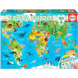Educa Пъзел Educa от 150 части - Световна карта с животни (EDU18115) - baby